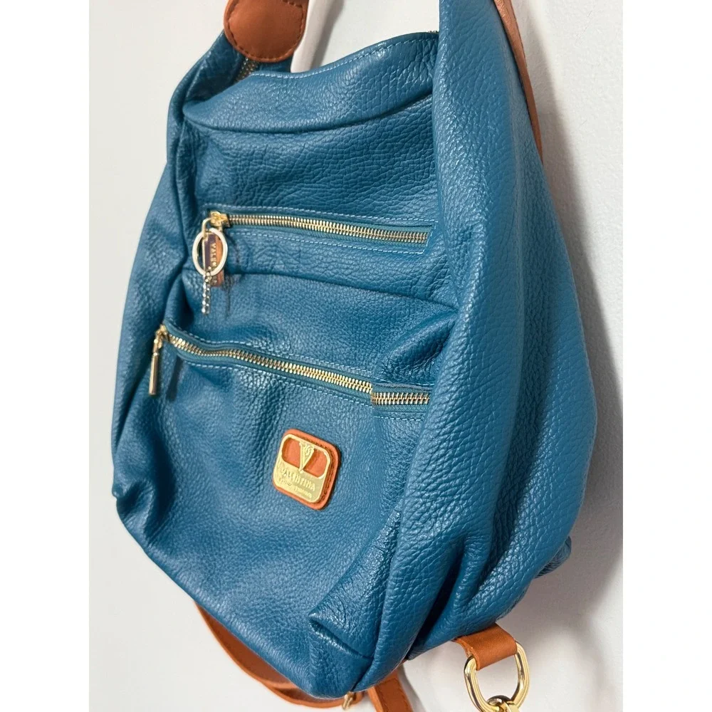 Valentina Convertible Italian Pebbled Leather Bag Backpack In‎ Ocean Blue